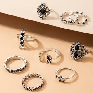 *EMBERLY* 9-Pc Silver x Black Fashion Geometric Ring Set